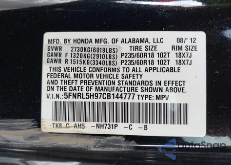 2012 Honda Odyssey Touring/Touring Elite z USA, uszkodzony, nr VIN 5FNRL5H97CB144777